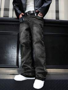 Flared Jeans, Stretch Denim Jeans, Skinny Jeans, Distressed Washed Denim Jeans, Versatile & Fashionable Cotton Product, Slant Pockets Washed Denim - Black - View 4