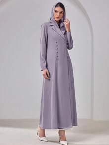 Elegant Abaya Jacket With Headscarf, Padded Shoulders, Solid Color, Front Button Closure, Side Slit Spring - Violet Purple - View 4