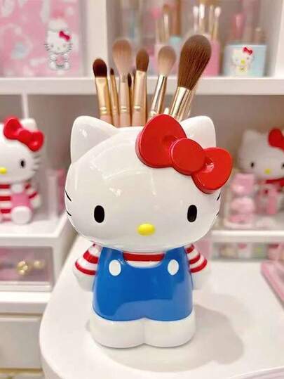 Sanrio Hello Kitty-Shaped Pen Holder/Storage Container, White With Blue Strap, Red Bow Tie Cartoon Design. Can Hold Multiple Neutral Pens Or Makeup Brushes. Desk Storage Box For The Back-To-School Season. Limited Edition Pen Holder For Special Occasions. A Must-Have Gift For Halloween And Christmas.