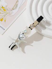 2pcs/Set Casual Black & White Starfish & Shell Decor Hair Clips With Rhinestones, Suitable For Daily Wear, Holidays, Dates, Gifts, Looks Of Party