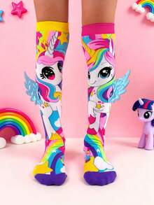 A Pair Of Kid's Cartoon Unicorn 3D Decorative Winged Over-The-Knee Socks. They Are Fun Socks, Suitable For Kids' Daily Wear And Holiday Party Outfits, And Also A Great Choice For Holiday Gifting. - Multicolor - View 2