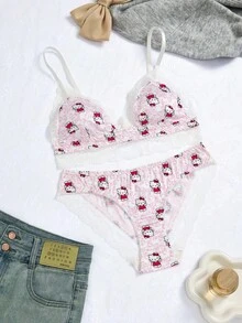 Sanrio 2pcs Women's Contrast Lace  Bra And Panty Set