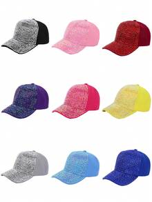 1 件女式水晶铆钉棒球帽，可调节休闲弧形帽檐按扣帽，男女通用户外太阳帽，时尚街头服饰，适合日常 - 彩色 - 查看 11