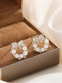 1 Set Stainless Steel Chain Bow Faux Pearl Pendant Necklace & Earrings, Versatile Luxury Bow Wreath Design Jewelry, No Gift Box, Accessory Gift - Golden Bow - View 7