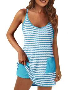Women's Tennis Dress Athletic Mini Romper With Built In Shorts Summer Vacation Outfit - Lake Blue - View 3