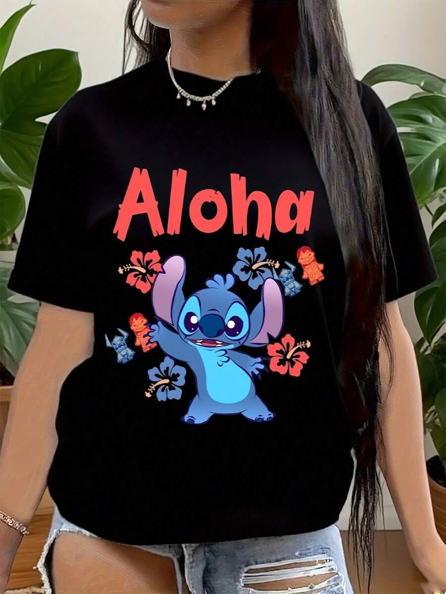 Aloha Stitch T-Shirt For Women - Cute  Stitch Cartoon Graphic Tee With Hawaiian Flowers,  Short Sleeve Top For Summer, Beach, Vacation, Luau Party, And Tropical Theme Events, 220g - màu đen - Xem 1