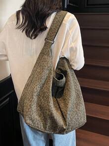 时尚大容量橄榄绿豹纹水洗复古帆布托特包，简约休闲百搭拉链开合单肩包，适合日常使用、上学、短途旅行、街头风格，可折叠拼布斜挎包，休闲流浪包，户外露营邮差包 - 墨綠色 - 查看 6
