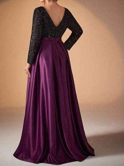 Vestido de noche de satén con parches de lentejuelas para mujer de talla grande, forro suave y amigable con la piel con diseño antideslizante, abertura alta y manga larga para fiestas de Navidad, Año Nuevo y eventos formales