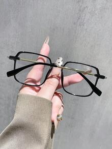 1對女款大方框高級眼鏡，休閒百搭，感光變色鏡片，平光眼鏡，適合辦公、閱讀、看電視、遊戲、手機裝飾 - 亮黑金平(變灰片) - 查看 5