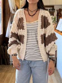 Women Chunky Cardigan Lantern Sleeve Open Front Sweaters Loose Cable Knit Oversized Cardigans Outwear Coats - Chocolate Brown - View 2