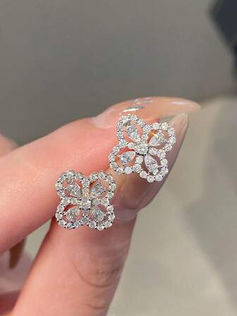 1 Par de Brincos de Botão de Trevo de Quatro Folhas de Zircônia Cúbica de Prata Esterlina S925, Elegante e Versátil, Adequado para Uso Diário, Feriados, Festas, Presente de Joias para Mulheres