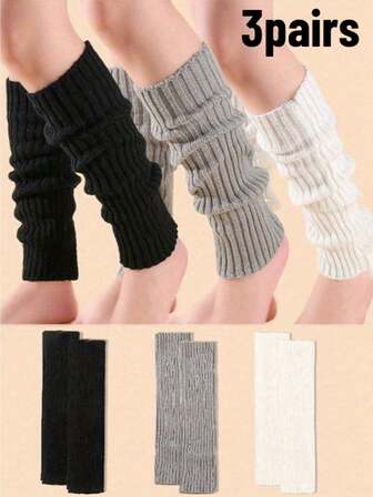 3 Pairs Of Knitted Striped Leg Heaters, Various Colors, Suitable For Teen Girls, Black Student Heaters, Warm And Cute Calf, Cozy