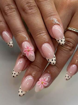 24 PCS Short Almond Nail Shape Nail Stickers Fashionable French Black Polka Dot 3D Three-Dimensional Pink Gradient Drop Glue Flower Polkadotnails Nail Set (With: A Piece Of Jelly Glue And 1 File) Suitable For Women's Daily Dating Parties