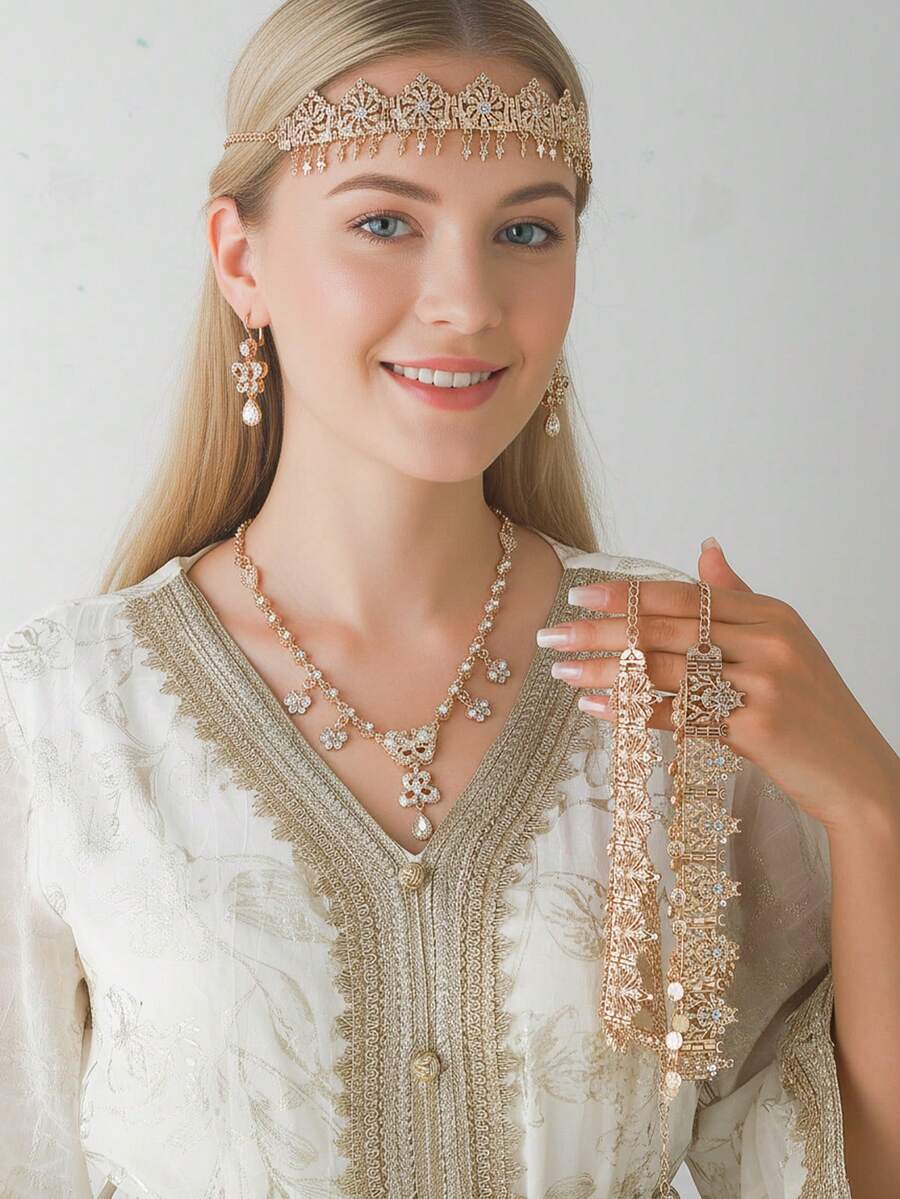 A Set Of Fashion Jewelry Headdress Combination With Necklace And Earrings, Variety Of Colors And Styles Suitable For Wedding, Daily Wear, Party - Gold Style, White Rhinestone, Versatile Bridal Accessory Set