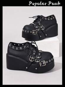 朋克风女式厚底厚底鞋，金属搭扣鞋面，金属鞋眼装饰，黑色哥特式系带牛津鞋，适合日常穿着和派对，四季皆宜，Y2K风格 - 黑色 - 查看 1