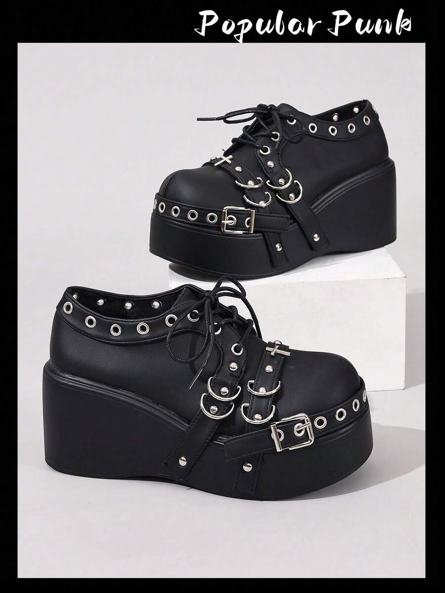 朋克风女式厚底厚底鞋，金属搭扣鞋面，金属鞋眼装饰，黑色哥特式系带牛津鞋，适合日常穿着和派对，四季皆宜，Y2K风格 - 黑色 - 查看 1