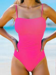 Sleeveless Knitted Fabric Ruched Plain Women's One-Piece Swimsuit With Spaghetti Straps, Medium Stretch For Casual And Elegant Beachwear - 玫紅色 - 查看 6