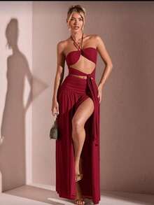 New Women's Long Dress With Slit On The Leg With Cup Tie At The Neck With Double Front Neckline In The Front Smooth Suplex Fabric Promotion Basic Chic Elegant Day To Day Fashion Parties Fashion 2025 Sophisticated - 紅木色 - 查看 1