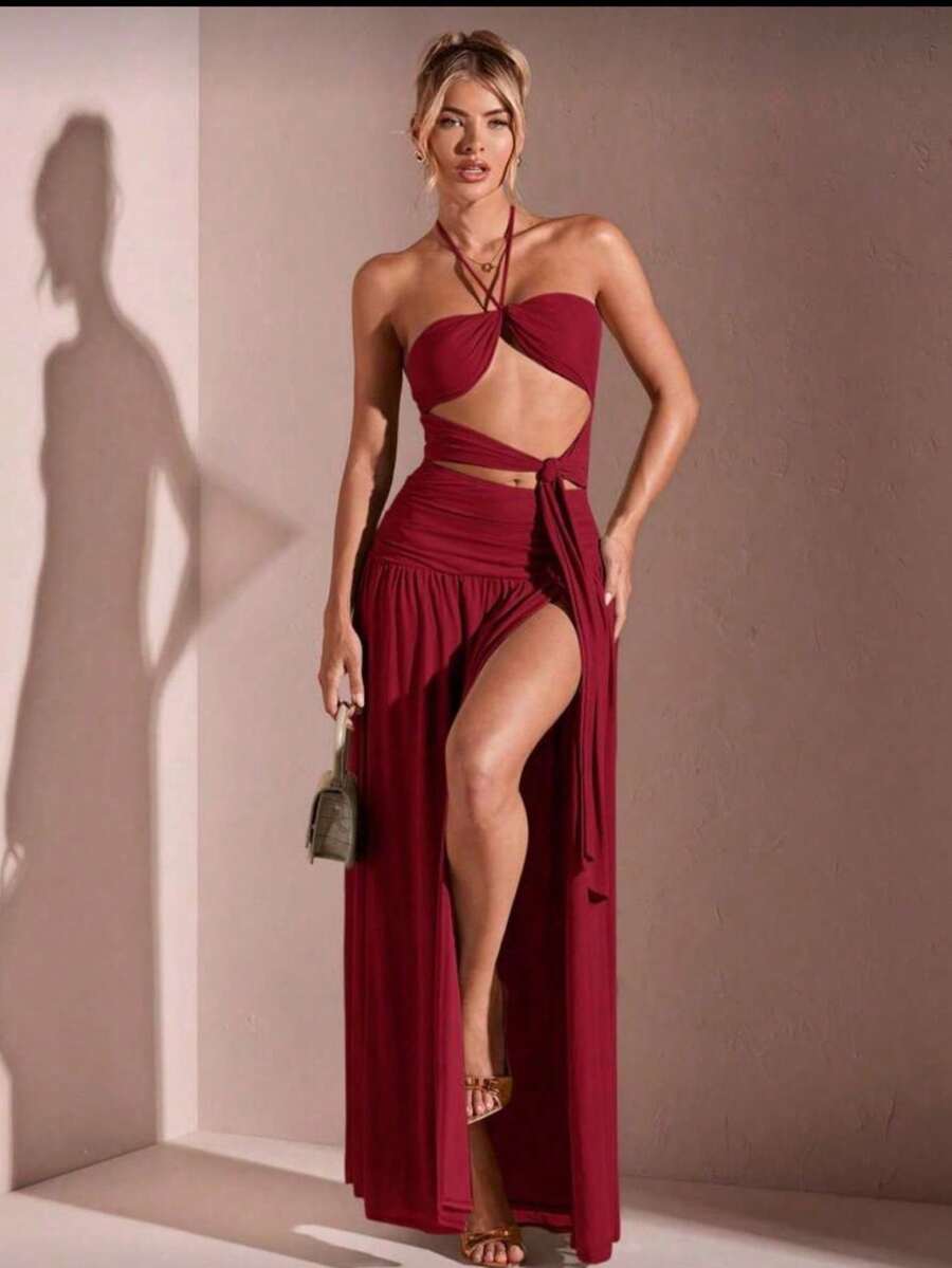 New Women's Long Dress With Slit On The Leg With Cup Tie At The Neck With Double Front Neckline In The Front Smooth Suplex Fabric Promotion Basic Chic Elegant Day To Day Fashion Parties Fashion 2025 Sophisticated - 紅木色 - 查看 1