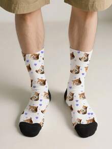 1PC Unisex Cute Cat And Purple Heart Pattern White And Black Comfortable Casual Socks, Suitable For Daily Wear Or As A Gift For Pet Lovers, Available In Multiple Colors, An Excellent Gift For Friends On Birthdays And Holidays