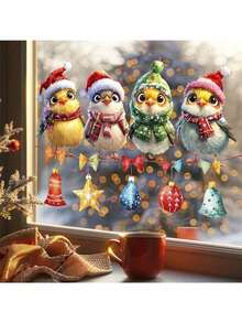 Christmas Happy Bird Window Sticker, With Red Hat Bird Pattern Glass Sticker, Christmas Decorative Art Style Window Sticker, Removable PVC Glass Sticker, Suitable For Living Room, Bedroom, Kitchen And Bathroom Glass Decoration Christmas Decorations Christmas Decoration Christmas Decorations Home Room Decor Home Decor - Multicolor - View 5