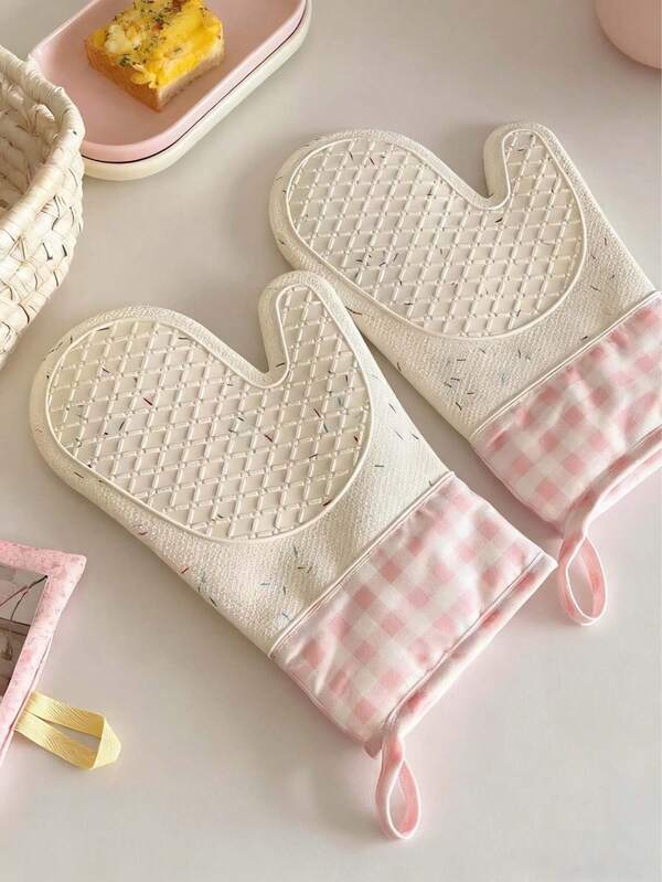1pc Plaid Heat Resistant Gloves & Non-Slip Gloves - Kitchen Oven Mitts - Silicone Oven Gloves - Microwave Baking Tools,Non-Slip & Microwave Friendly - Anti-Scald Kitchen Gloves Suitable For Plates, Trays And Bowls - Essential Rv Accessory.