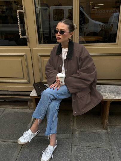 Christmas 2025 Women's Vintage Casual Loose Fit Colorblock Corduroy Collar Windbreaker Jacket, Lightweight, All Season