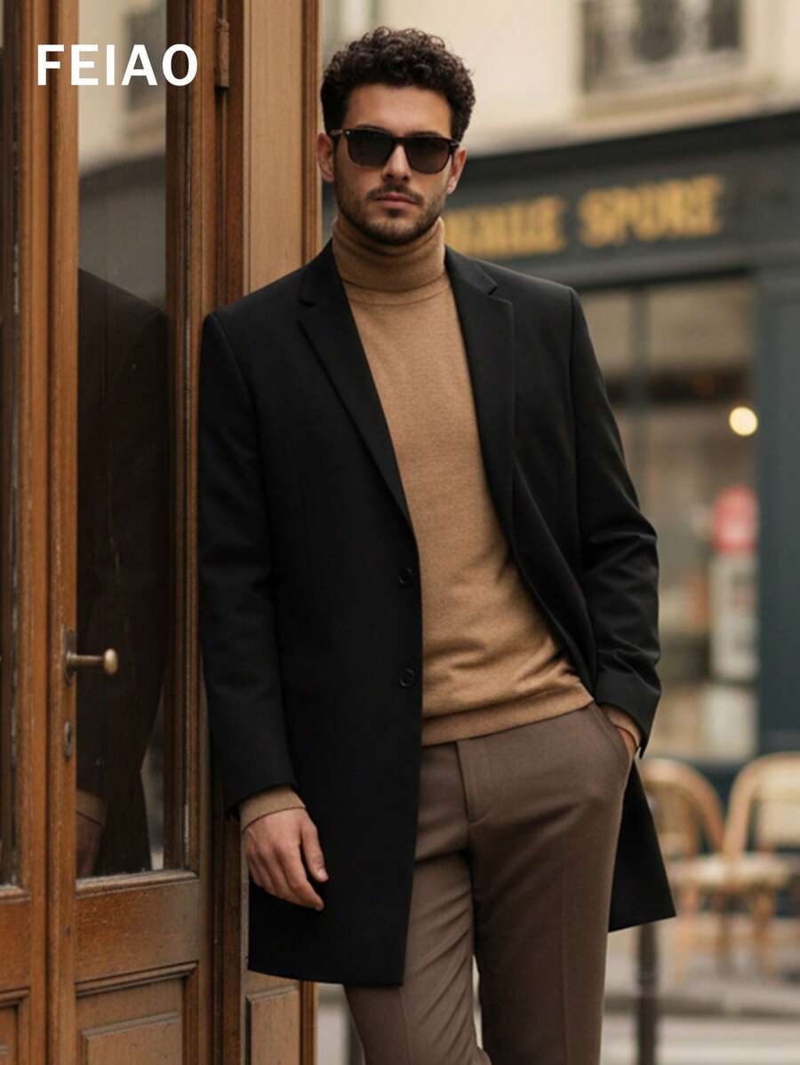 FEIAO Men's Retro-Style "Old Money" Look Button-Front Solid-Color Mid-Length Coat: Simple, Casual, Comfortable, Commuter-Friendly, And Versatile - Black - View 1