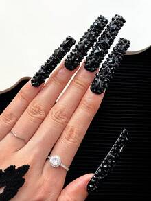 56mm Unghie quadrate extra lunghe fatte a mano, con punte di colore solido dai toni scuri, design minimalista con glitter e strass 3D full cover - Unghie finte fatte a mano con glitter per feste, uso quotidiano, eventi speciali e arte di unghie creativa - 10 pezzi/confezione