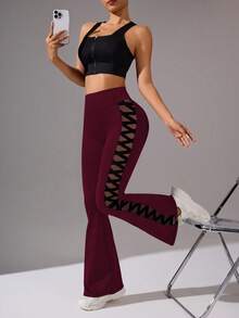 Women's Rhinestone Mesh Workout Leggings Spring Sports - Burgundy - View 7