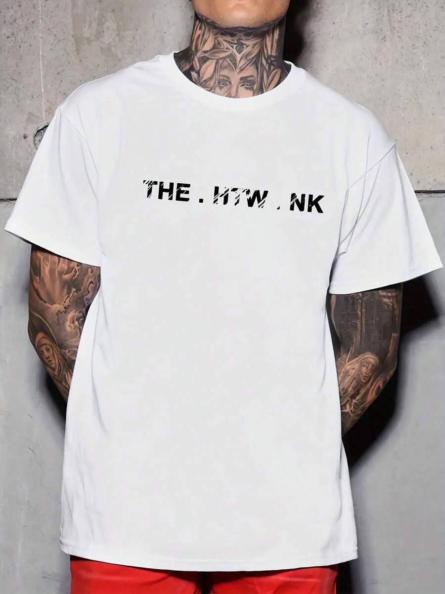 Plus Size Men Letter Pattern Printed T Shirt Suitable For Summer, Fashion Casual Casual Wear T Shirt For Men - 白色 - 查看 1