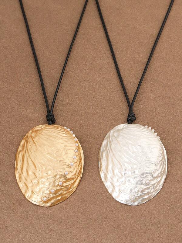 1pc Fashionable Matte Gold & Matte Silver Asymmetrical Large Boho Ocean Style Oyster Shell & Pearl Pendant Wax Rope Necklace Suitable For Women's Daily Wear 28" +2" Extend Chain