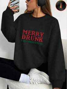 1 pièce Joyeux ivre je suis sweat-shirt en polaire à imprimé lettrage de Noël pour femmes, pull-over chaud, Top décontracté à manches longues, sweat-shirt confortable en mélange de coton - Noir - Voir 1