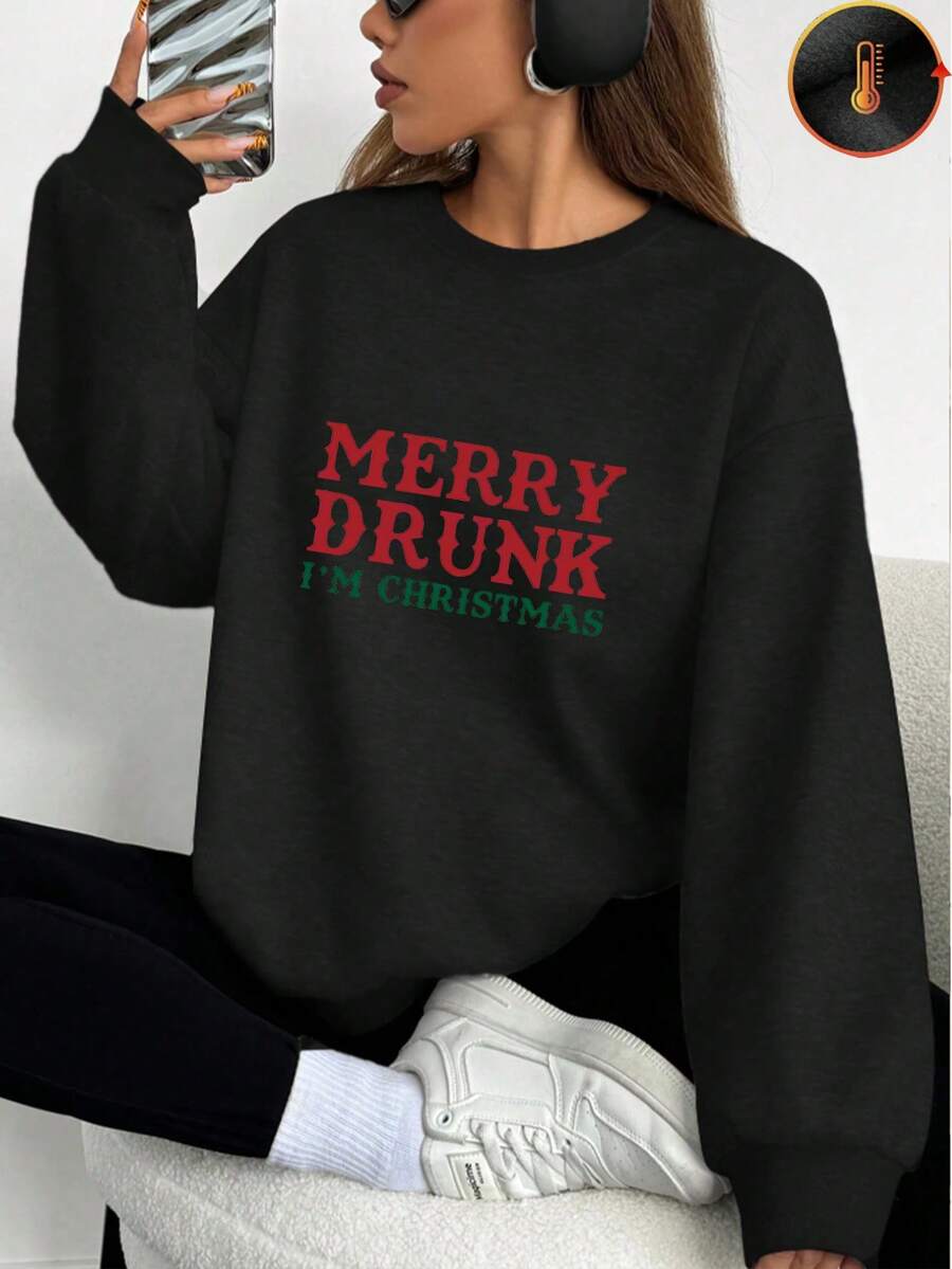 1 pièce Joyeux ivre je suis sweat-shirt en polaire à imprimé lettrage de Noël pour femmes, pull-over chaud, Top décontracté à manches longues, sweat-shirt confortable en mélange de coton - Noir - Voir 1