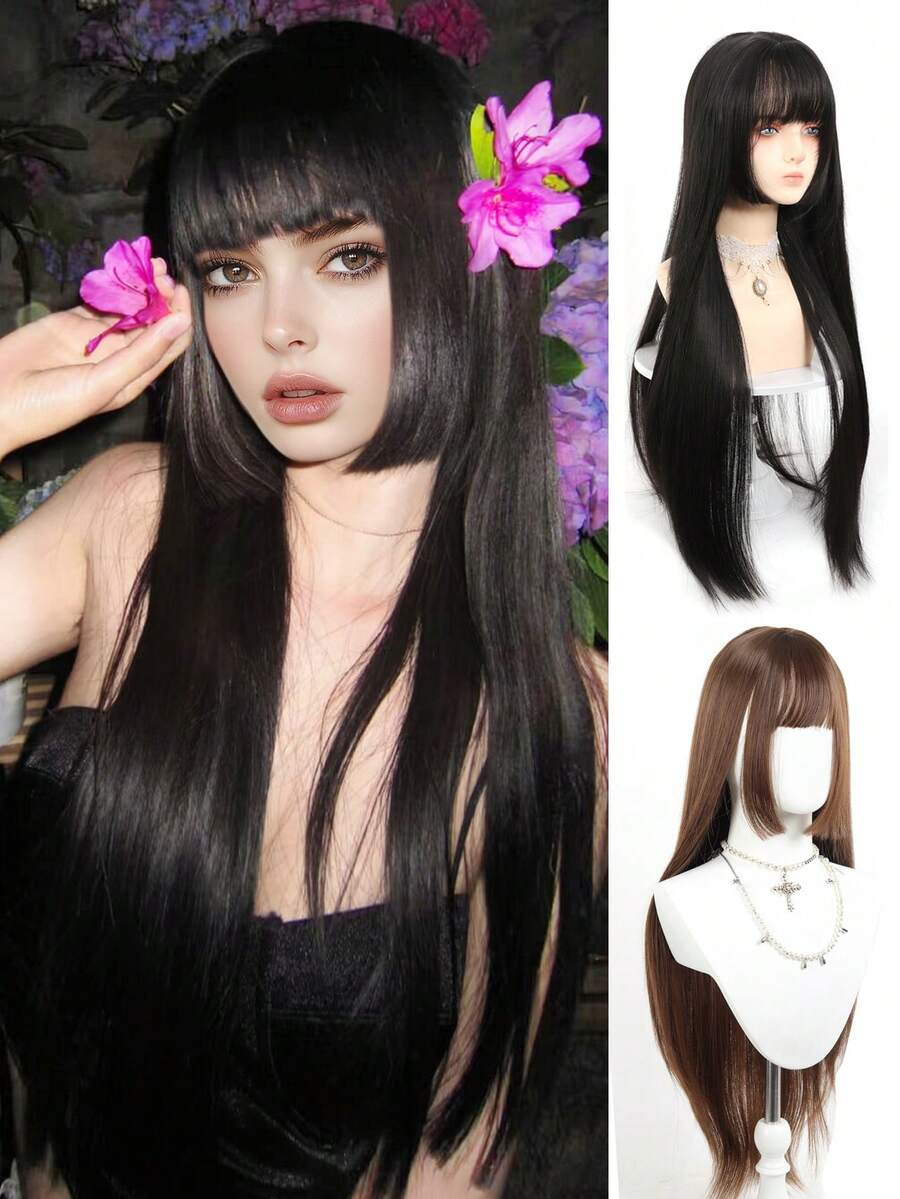 公主剪刘海自然造型合成长假发带刘海长款耐热棕色/黑色女士假发 - 彩色 - 查看 1