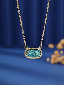 1pc Oval Design Pendant Necklace, Copper, Fashionable Everyday Wear For Women - 綠色 - 查看 5