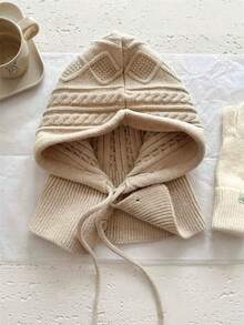 1 件女士春季纯色几何图案抽绳针织帽，拉法帽滑雪面罩，韩国冬季保暖围脖，适合日常外出和购物