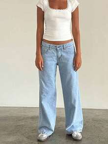 Womens Low Rise Washed Jeans Fashion Wide Leg Loose Denim Pants Baggy Trousers With Pockets - Light Blue - View 2