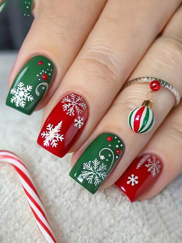 24pcs Christmas Reusable Square Red & Green Asymmetrical Line Snowflake Polka Dot Nail Stickers, Suitable For New Year Holidays