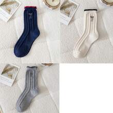 1/2/3/5 双装女士中筒袜，适合秋冬季节，可爱蝴蝶结图案，保暖舒适，可搭配靴子，厚羊毛袜，舒适袜