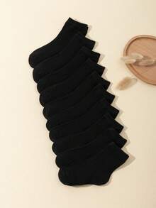 10雙學生夏季薄款純色中筒襪,時尚百搭 - 黑色 - 查看 5