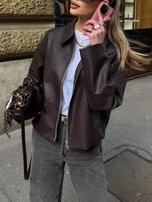 Women's Fashion Lapel Short Jacket, Long Sleeve, With Pockets, PVC Leather Material