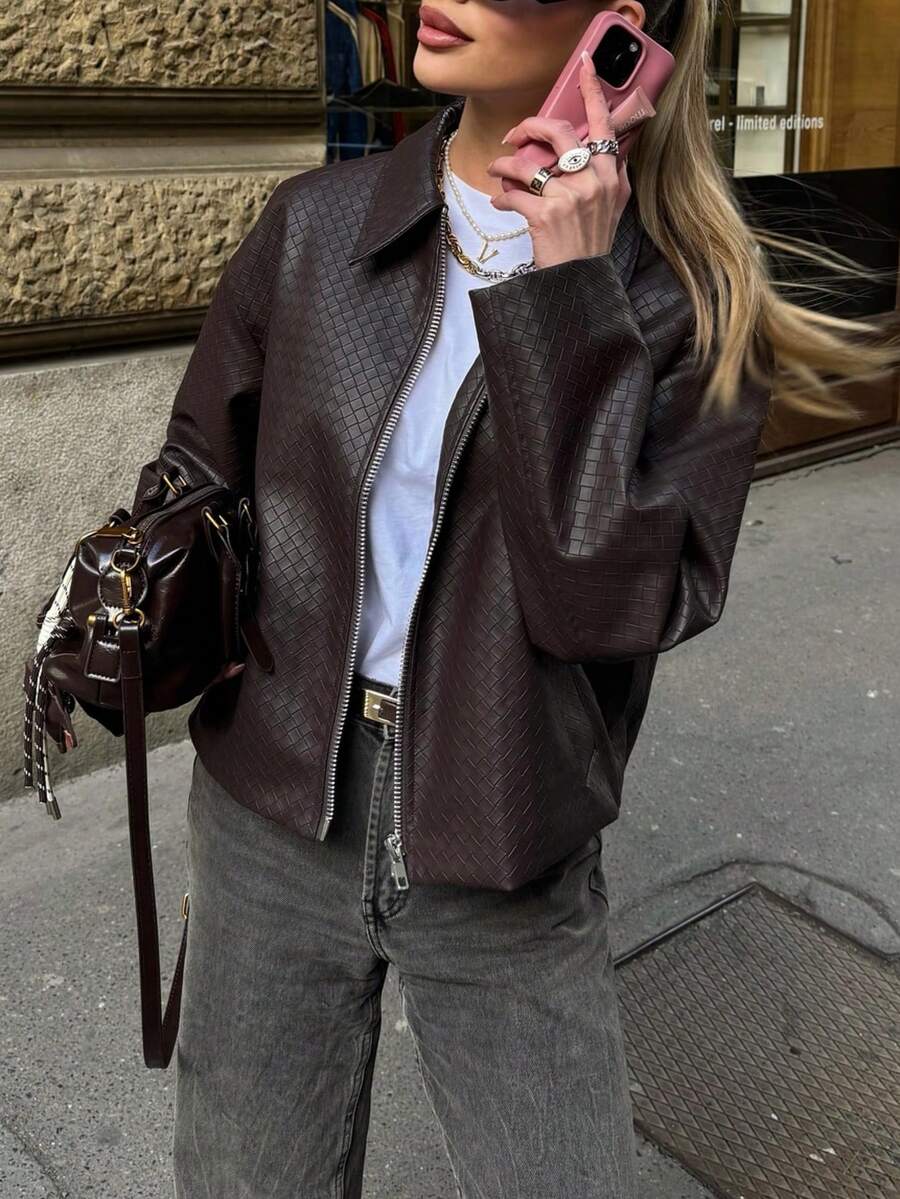 Women's Fashion Lapel Short Jacket, Long Sleeve, With Pockets, PVC Leather Material