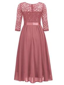 MIUSOL Elegant Cinnamon V-Neck Sequin Lace Ruched Chiffon A-Line Flowy Hem Midi Dress, 3/4 Sleeves, For Wedding Guest, Cocktail Party, Graduation Or Formal Evening Events - 藕粉色 - 查看 8