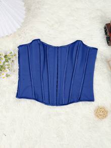 Apperloth A 复古系带前开后系带塑形胸衣上衣，女士不对称设计，金属孔眼，系带腰身纯蓝色休闲露脐上衣，春夏款，性感音乐节必备 - 藍色 - 查看 6