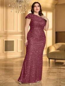 大码亮片褶饰不对称领口礼服派对礼服婚礼宾客礼服晚礼服、新娘礼服、生日女士服装、毕业礼服 - 中紫紅色 - 查看 5