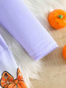 1 pieza Vestido de manga larga de tela de punto suave y cómoda con estampado de letras en inglés, pavo, flores y hojas de temática de Acción de Gracias para niñas, adecuado para uso al aire libre en otoño/invierno - Multicolor - Ver 6