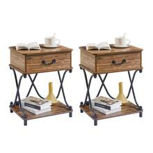 VECELO Set Of 2 Industrial Nightstand With X-Design Frame - Drawer End Table For Bedroom Living Room, 23.6" Retro Side Table,Brown - 棕色 - 查看 9