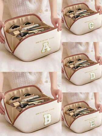 Bolsa de cosméticos de viaje de PU premium, con bolsa de almacenamiento de cosméticos con letra, bolsa de cosméticos de gran capacidad y multicapa, bolsa con cremallera, organizador de viaje portátil multifuncional y resistente al agua, organización y almacenamiento de cosméticos, accesorios de viaje, artículos esenciales para cruceros, almacenamiento de joyas, almacenamiento de aceite labial, almacenamiento de esmalte de uñas, regalo del Día de San Valentín, regalo para dama de honor, regalo de cumpleaños, regalo para amigos y maestros, regalo festivo, regalo para mamá, regalo para mujeres