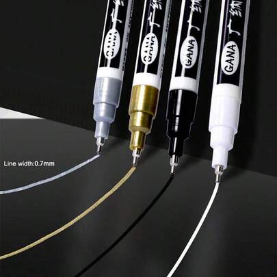 0.7 毫米尖针型油漆记号笔，永久性记号笔，4 种颜色（金色、银色、黑色、白色）适用于金属、玩具、木材、岩石、轮胎喷漆、贺卡、DIY 上的模型补漆